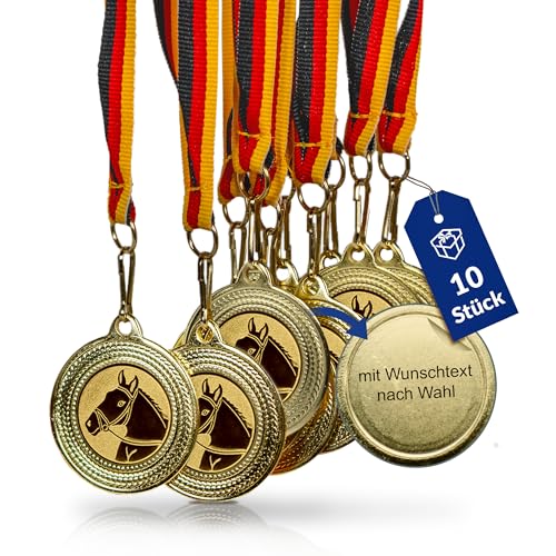 Pokal-Fabrik - Pferde-Medaillen 10er Set Metall mit Wunschtext - Pferdemedaille golden zum Umhängen für Siegerehrungen - Medaillen Kinder mit Deutschlandband & Emblem für Vereine & Turniere von geschenke-fabrik.de