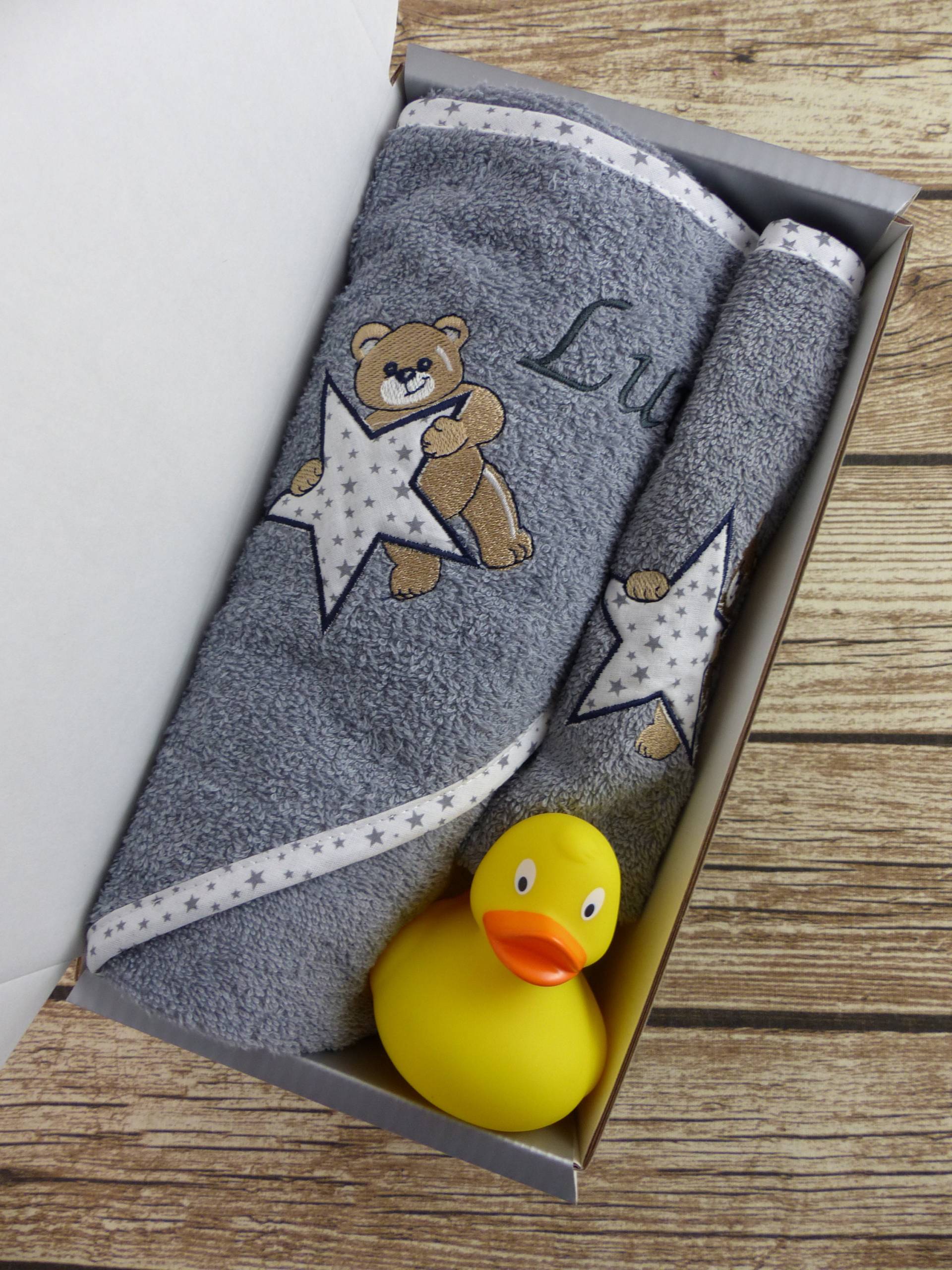 Geschenkset Baby Baden Mit Namen Teddy Grau von geschenkelibelle