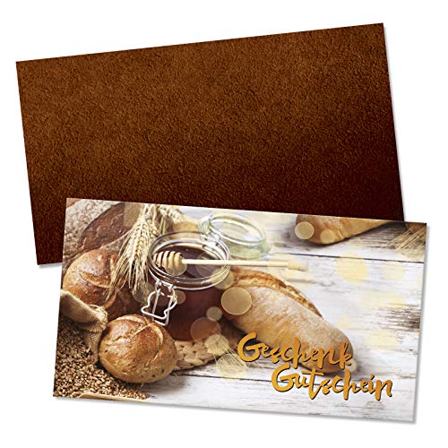 10 hochwertige Gutscheinkarten + 10 Kuverts. Gutscheine für Bäckerei Konditorei. Bäckergutschein. Vorderseite hochglänzend. S1703 von geschenkgutschein.com