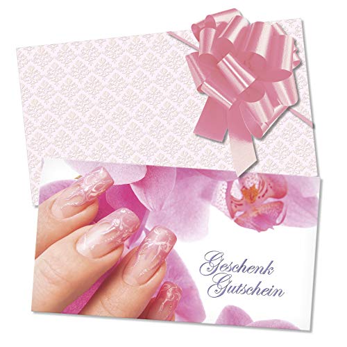 100 Gutscheinkarten + 100 Kuverts + 100 Schleifen. Vorderseite glänzend. Geschenkgutscheine für Nagelstudio Fingernagelstudio Nageldesign. KS1219 von geschenkgutschein.com