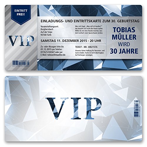 (10 x) Einladungskarten Geburtstag VIP Party Edel Blau Ticket Karte Einladungen von gestaltenlassen.com