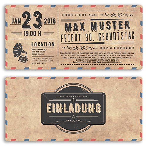 (10 x) Einladungskarten Geburtstag Vintage Ticket Retro alt Look Karte Einladungen von gestaltenlassen.com