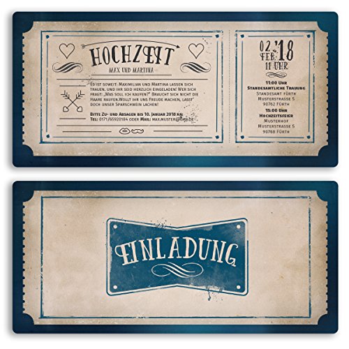 (10 x) Hochzeitseinladungen Vintage Retro Ticket Alt Einladungskarten Hochzeit von gestaltenlassen.com