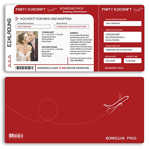 (100 x) Hochzeitseinladungskarten Flugticket Boarding Pass rot Einladungskarten Hochzeit von gestaltenlassen.com