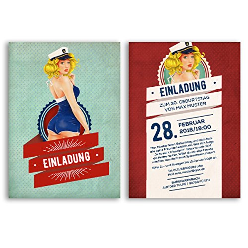 (20 x) Einladungskarten Geburtstag Pin Up Girl Vintage Retro alt Einladungen Rot von gestaltenlassen.com