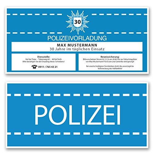 (40 x) Einladungskarten Geburtstag als Polizei Vorladung Karte Einladungen in Blau von gestaltenlassen.com