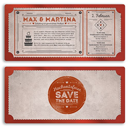 (60 x) Hochzeitseinladungen Vintage Retro Ticket Look Rot Einladungskarten Hochzeit von gestaltenlassen.com