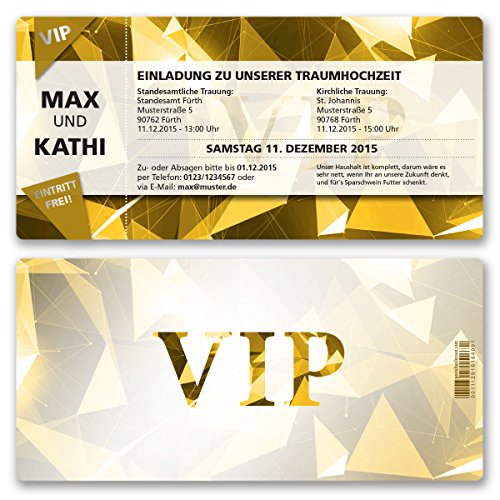 (80 x) Hochzeitseinladungen VIP Party Edel Gold Ticket Einladungskarten Hochzeit von gestaltenlassen.com