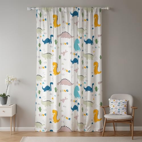 ggaimwf Dinosaurier-Vorhänge für Kinderzimmer Grün Dino-Eier Süßer Cartoon Jura-Wildtiere Fenstervorhänge Vorhänge mit Schlaufe Kinderzimmer Hängender Raumteiler Innenvorhang 135x175cm 1 Panel von ggaimwf