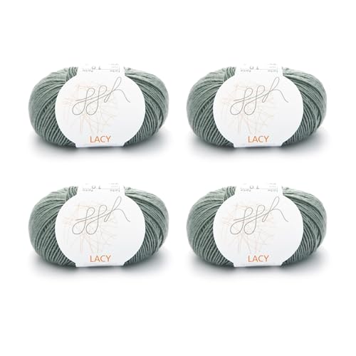 ggh Lacy Set | 4x25g (insgesamt 100g) Set| 150m/25g Merinowolle mit Seide zum Stricken | Farbe 009 - Grüngrau von ggh