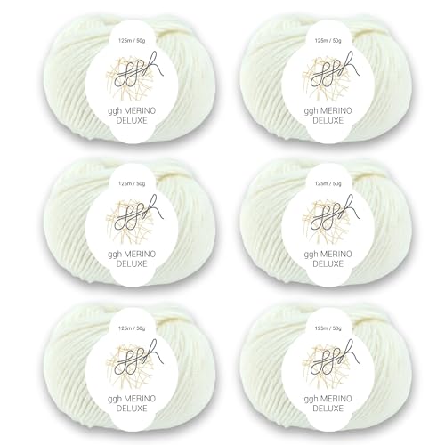 ggh Merino Deluxe - 300g Set (6x50g) - 100% Merinowolle extrafine zum Stricken in vielen Farben - Farbe 003 - Wollweiß von ggh