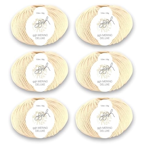 ggh Merino Deluxe - 300g Set (6x50g) - 100% Merinowolle Extrafine zum Stricken in vielen Farben - Farbe 009 - Creme von ggh