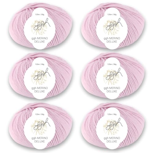 ggh Merino Deluxe - 300g Set (6x50g) - 100% Merinowolle Extrafine zum Stricken in vielen Farben - Farbe 015 - Zartrosa von ggh