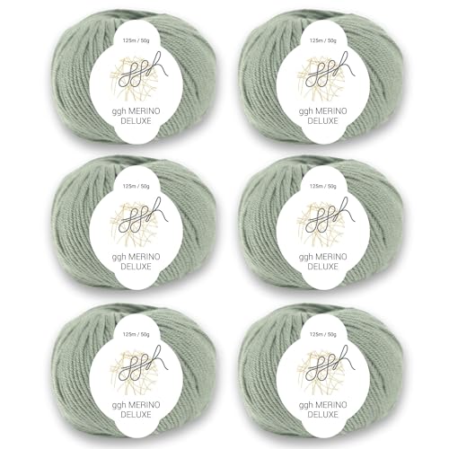 ggh Merino Deluxe - 300g Set (6x50g) - 100% Merinowolle extrafine zum Stricken in vielen Farben - Farbe 018 - Schilfgrün von ggh