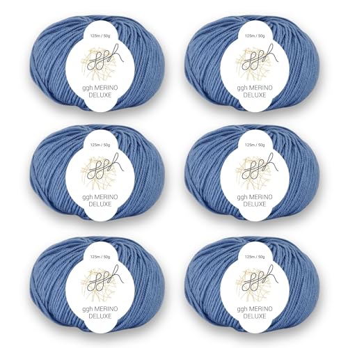 ggh Merino Deluxe - 300g Set (6x50g) - 100% Merinowolle extrafine zum Stricken in vielen Farben - Farbe 024 - Himmelblau von ggh