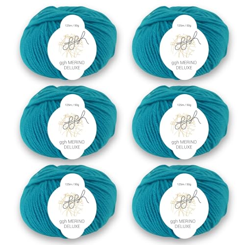 ggh Merino Deluxe - 300g Set (6x50g) - 100% Merinowolle Extrafine zum Stricken in vielen Farben - Farbe 025 - Ozeangrün von ggh