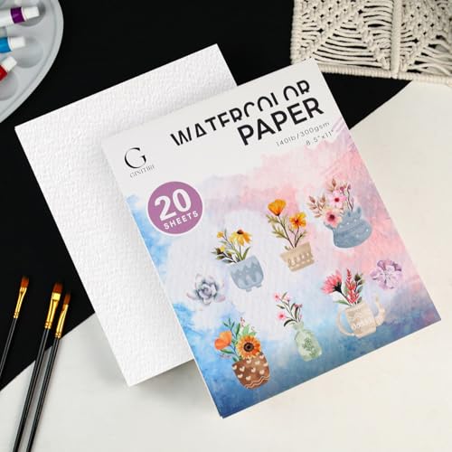 Aquarellpapier, 300 g/m², weißes Aquarellpapier zum Malen, Zeichnen, Aquarellpapier, Großpackung für Kinder, Studenten, Erwachsene, Kunstbedarf, 20 Blatt von ginitiri