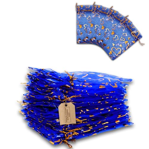 giroselle Organzasäckchen Blau-Goldherz 11x16cm-60 Stück-Gastgeschenke Hochzeit-Säckchen zum Befüllen-Kleine Geschenktüten-Kleine Tütchen für kleine Geschenke-Ideal für Geburtstag & Feierlichkeiten von giroselle