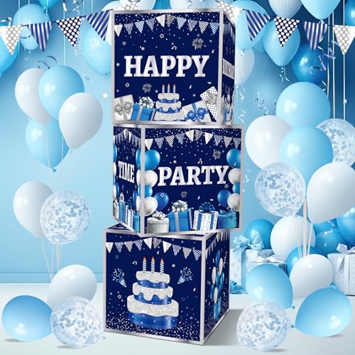 3 Stück 18. Geburtstag Dekorationen Boxen für Männer Happy Birthday Luftballons Boxen Dekor für 18. Geburtstag Thema Party Supplies Box für Jungen Mädchen Blau Silber 18 Jahre Geburtstag Karton Box von gisgfim