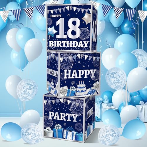 3 Stück Blau Silber Geburtstag Dekorationen Boxen für Männer Happy Birthday Luftballons Boxen Dekor für Geburtstag Motto Party Supplies Box Jungen Mädchen Blau Silber 16. 18. 21. 30. 40. 50. 60. Box von gisgfim