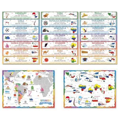 gisgfim Spanisch sprechende Länder (mit Karte) Poster Set Spanisch ESL Klassenzimmer Lernmaterialien Spanisch Klassenzimmer Dekorationen Lateinamerikanisches Land Lernposter Schüler und Lehrer 45,7 x von gisgfim