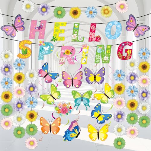 gisgfim Hello Spring Hängende Wirbel und Banner Frühling Ostern Blume Schmetterling Girlande Party Supplies Set Frühling Floral Party Hängende Dekorationen Party Decke Luftschlangen für Zuhause von gisgfim