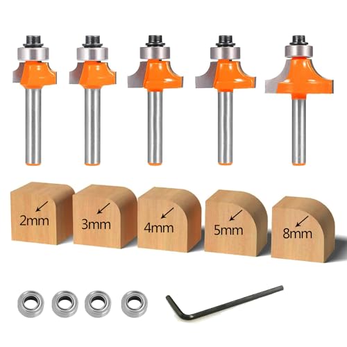 glryd 5 Stück Abrundfräser 8mm Schaft, Runde Über Fräser Bits Oberfräsen Bits, Radiusfräser Set mit Kugellager, Fräskopf für Oberfräse 8mm für Zimmerei Fasen Holzbearbeitung Trimmen von glryd