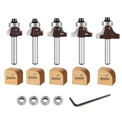 glryd 5 Stück Abrundfräser 8mm Schaft,Hartmetall Radiusfräser mit Kugellager Rundfräser, Runde Über Fräser Bits-Radius 2-3-4-5-8,für Zimmerei Fasen Holzbearbeitung Trimmen von glryd