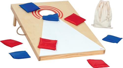 goki 56329 Cornhole-Spiel Wurfspiel aus Holz und Baumwolle, mobiles Familienspiel mit 8 Wurfsäcken in 2 Farben, einklappbaren Füßen und Transportbeutel, Indoor und Outdoor, 10er Set, ab 5 Jahre von goki