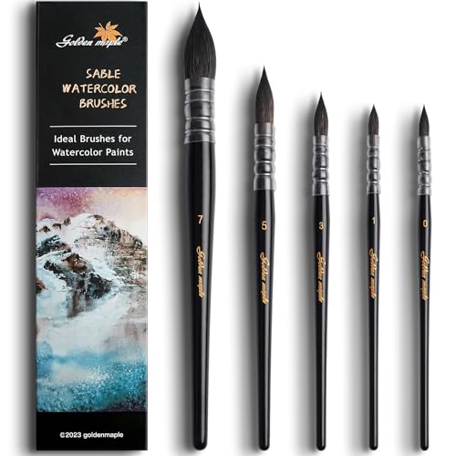 Professionelles Aquarellpinsel-Set - Größe 0,1,3,5,7, Synthetische Eichhörnchenhaar-Pinsel, runde Mop Waschpinsel Kurze Griffe für professionelle Künstler - Aquarellmalerei von golden maple