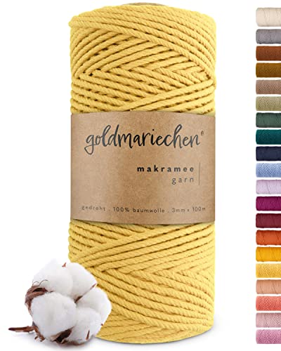 goldmariechen Premium Makramee Garn (Sonnengelb) | 3mm x 100m | 100% Baumwolle | plastikfreie Verpackung | Makramee Baumwollgarn für DIY Handwerk von goldmariechen