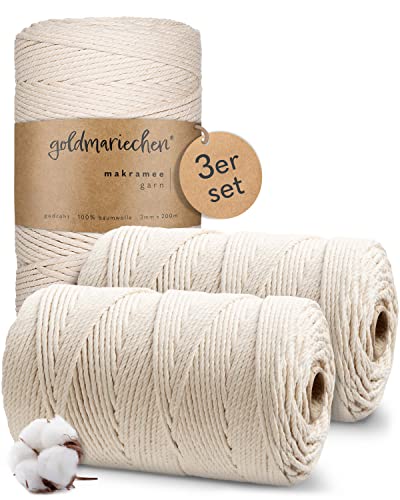 goldmariechen Premium Makramee Garn 3er Set (Naturell) 600 Meter | 3mm | 100% Baumwolle | plastikfreie Verpackung | Makramee Baumwollgarn für DIY Handwerk von goldmariechen