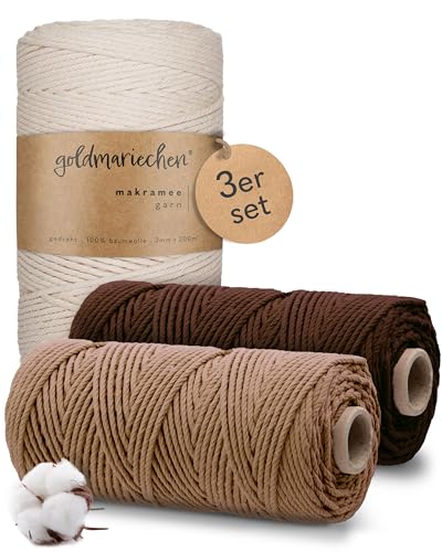 goldmariechen Premium Makramee Garn 3er Set (Naturell, Ackerbraun, Cappuccino) | 3mm x 100m | 100% Baumwolle | plastikfreie Verpackung | Makramee Baumwollgarn für DIY Handwerk von goldmariechen