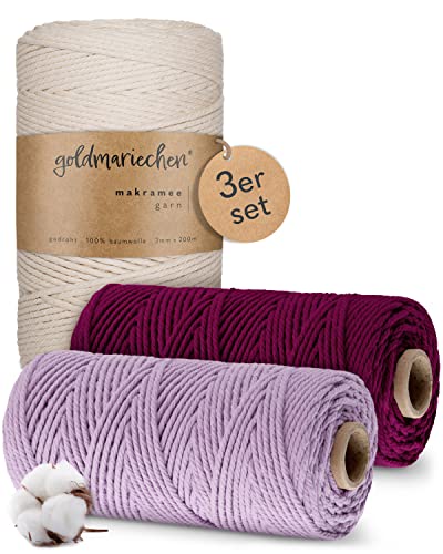 goldmariechen Premium Makramee Garn 3er Set (Naturell, Beere, Lavendel) | 3mm | 100% Baumwolle | plastikfreie Verpackung | Makramee Baumwollgarn für DIY Handwerk von goldmariechen