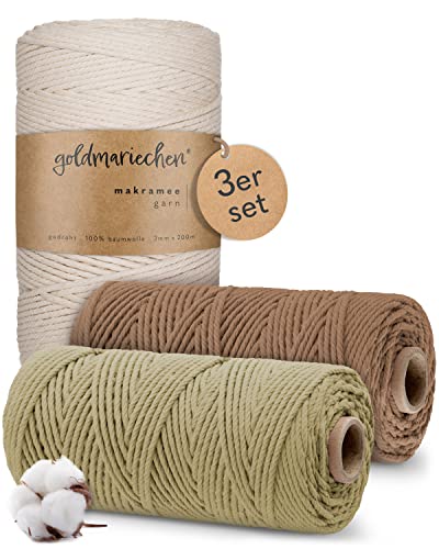 goldmariechen Premium Makramee Garn 3er Set (Naturell, Taupe, Salbei) | 3mm | 100% Baumwolle | plastikfreie Verpackung | Makramee Baumwollgarn für DIY Handwerk von goldmariechen