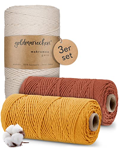 goldmariechen Premium Makramee Garn 3er Set (Naturell, Terracotta, Safran) | 3mm | 100% Baumwolle | plastikfreie Verpackung | Makramee Baumwollgarn für DIY Handwerk von goldmariechen