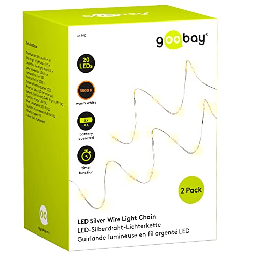 Goobay 44590 2 x 20er LED-Lichterkette - Timer-Funktion, Batteriebetrieb, 1,05 Meter Gesamtlänge, Weiß von goobay