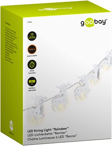 goobay 57945 10er LED Rentier Lichterkette, Weihnachtsdekoration, Innen Deko, batteriebetrieb, warm-weiß leuchtend, Timerfunktion, weiß Transparent, Klar von goobay