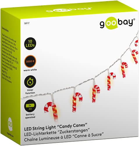 goobay 58117 10er LED Zuckerstangen Lichterkette, Zuckerstäbe, Candy Cane Weihnachtsbeleuchtung, warm-weiß leuchtend, Timerfunktion, rot, weiß, Klar von goobay