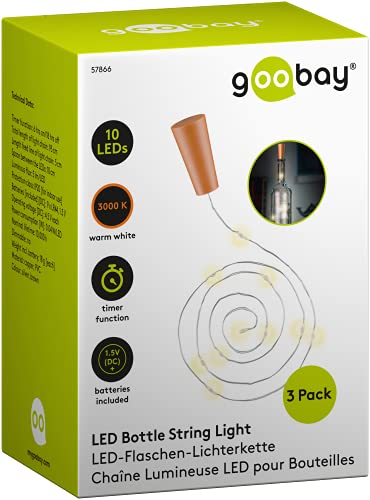 goobay 57866 3 x 10 LED Flaschenlichterkette, Flaschenlicht - Zum Einlegen in Flaschen, Timerfunktion/Zeitschalter, mit Batterien im Korken, 1m, Transparent, Klar von goobay