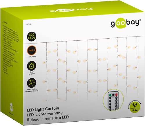 goobay 57942 LED Lichtervorhang Außen / 300 warmweiß LED Lichterkette Fernbedienung / 8 Leuchtmodi & Timer Lichterkettenvorhang/Weihnachtsbeleuchtung/Außentrafo, Klar von goobay