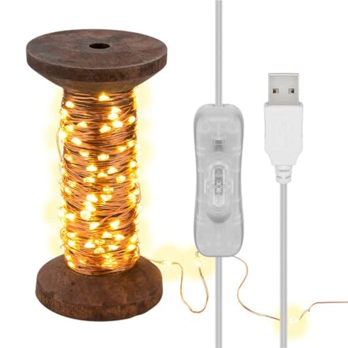 goobay 60342 LED-Lichterkette Garnspule, groß/Retro- Dekorationslampe/stilvolle Innendekoration/warmweißes, beruhigendes Licht/Lichterkette abnehmbar/Echtholz, Braun, Warmweiß von goobay