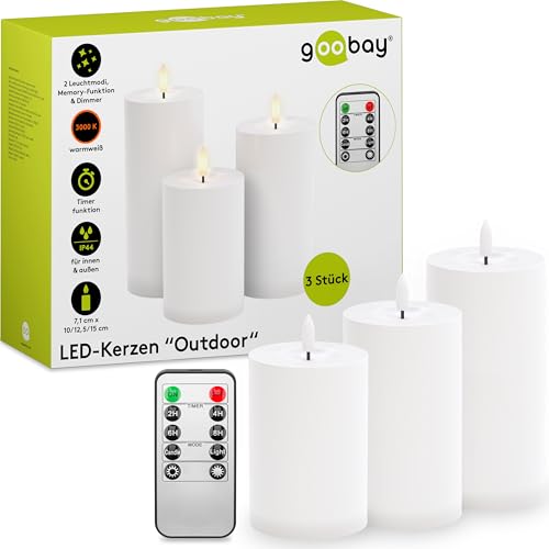 goobay 64786 LED Kerzen 3er Set mit Fernbedienung/elektrische Outdoor Kerzenlichter/realistisch flackernde Flamme/LED Deko/Timerfunktion/Flammenlose LED Kerzen/Batteriebetrieben/weiß von goobay