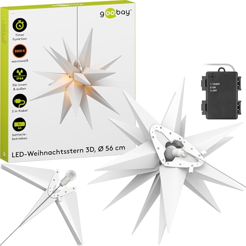 goobay 64788 LED Weihnachtsstern 3D Ø 56 cm/Stern mit 18 Zacken und Timer/Weihnachtsdeko/ für stimmungsvolle Atmosphäre/ Batteriebetrieben/Wanddeko/Leuchtstern/weiß von goobay