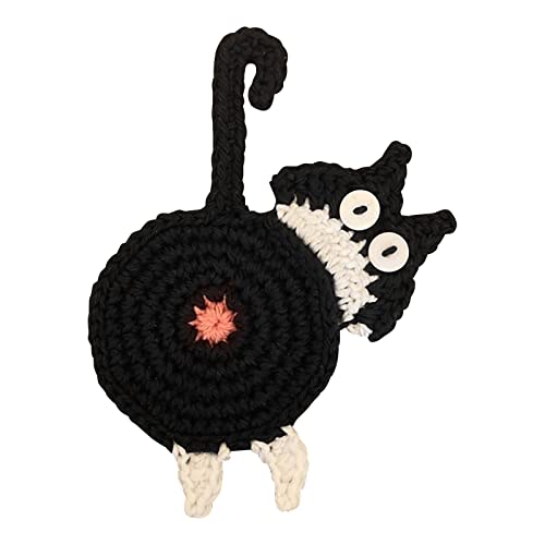 goodjinHH 01 - Getränke-Untersetzer, Katzen-Form, Schwarz, Gestricktes Baumwollgarn, 15x10cm von goodjinHH 01