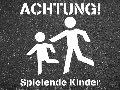 gravurfix Schablone ACHTUNG Spielende Kinder | Sprühschablone Bodenmarkierung Spielstraße verschiedene Größen 60x60cm, 50x50, 40x40 (50x50cm) von gravurfix