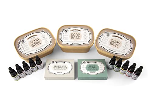 DIY Kreative Seife Kinder selber machen 13 teiliges Seifen Set, Rohseife mit 3 x Sheabutter Seifenbasis je 1 kg, 5 x Seifenfarben und 5 x Seifendüfte, Rohseife, Farben und Duft zur Seifenherstellung von greenum GIFTS OF NATURE