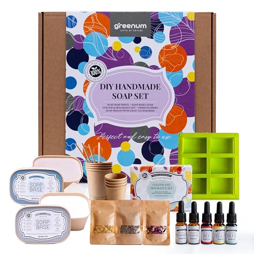 Seifenbasis für Seifenherstellung - DIY Seife Selber Machen Set, 19-teiliges Rohseife Kit mit Transparenter & Sheabutter Basis je 500g, 3 Farben, 2 Düfte, 3 Blumen, Seifenform, Becher & Stäbchen von greenum GIFTS OF NATURE