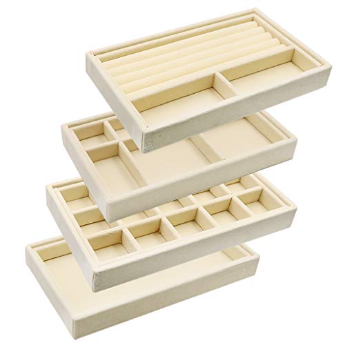 Schmuckschublade Organizer Box, Schmuckablagen 4er-Set, stapelbarer Schmuckschubladen Organizer für Ohrring Armreif Armband Halskette und Ringe Aufbewahrung Schmuckschatulle Ohrringhalter (Beige) von gudong