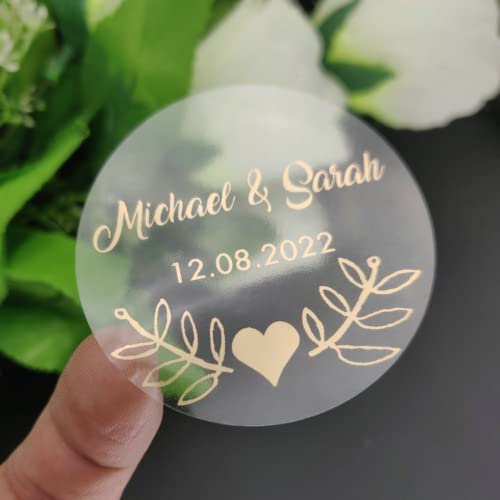 50 Stück personalisierbare, transparente goldene Herz-Hochzeitsaufkleber für Gastgeschenke/Kuchenschachtel/Beutel/Versiegelung/Etikett, Aufkleber, 30 mm, 40 cm, 50 cm (H) von guk